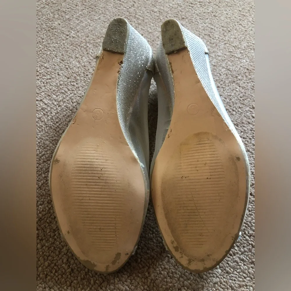 Bella Marie Cream and Gold Rhinestone Peep-Toe Wedges